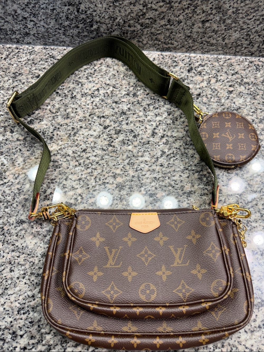 Louis Vuitton Brown Monogram Multi Pochette with Green Strap and Gold Hardware